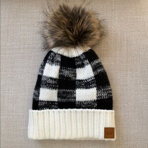 Panache Black Cream Buffalo Plaid Faux Fur Pom Fleece Lined Knit Winter Hat OS